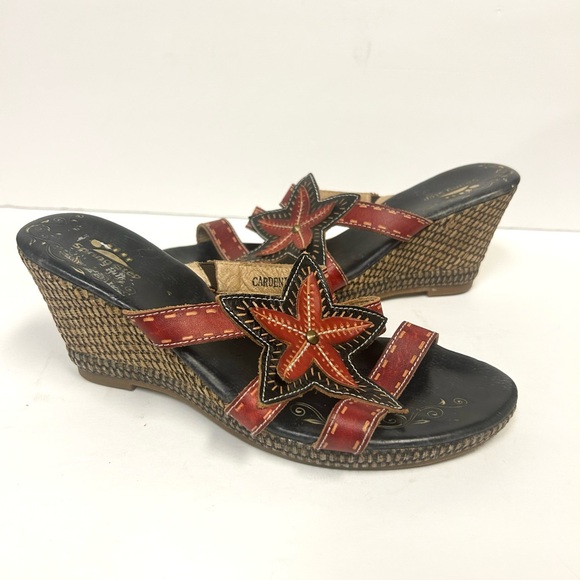 Spring Step Sandals Women 41 US 10 Leather Flower Wedges Red Black Gardenia Boho - Picture 8 of 11